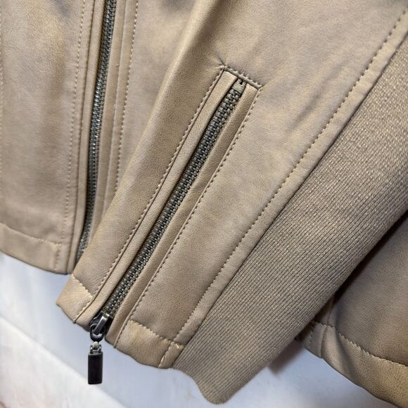 Mo-Ka SantaFe Taupe Faux Leather Moto Jacket Zip Pockets Sleeves Large - Picture 7 of 10